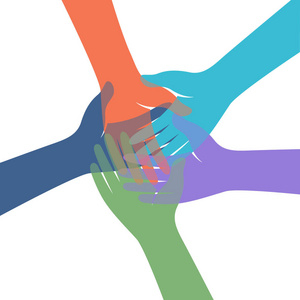 一群五颜六色的手。人类平等的概念。矢量插图