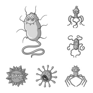 类型的有趣的微生物单色图标集集合中的设计。微生物病原体载体标志物网插图