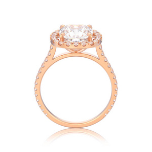 3d 插图孤立玫瑰金订婚婚礼垫钻石戒指与反射白色背景