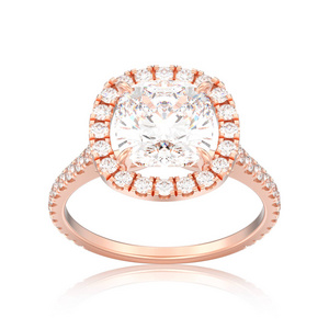 3d 插图孤立玫瑰金订婚婚礼垫钻石戒指与反射白色背景