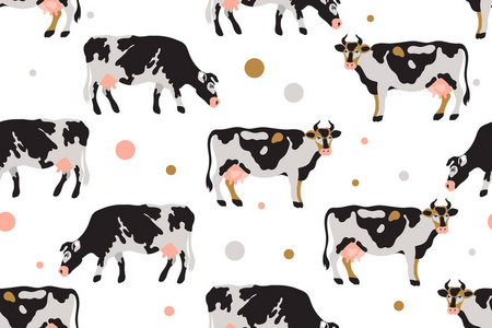 无缝模式与牛奶斑点奶牛在黑色, 白色, 灰色, 金色和粉红色。农业, 农业, 乡村生活。宠物. 矢量插图