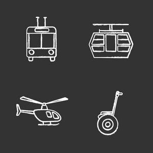 公共交通粉笔图标设置 无轨电车, 缆车, 直升机, 自平衡滑板车