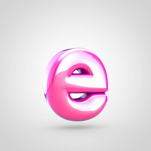 粉红色字母 E 小写。3d 渲染白色背景下的亮闪闪发亮的粉红色字体
