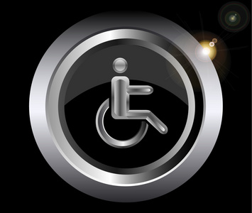 禁用在轮椅上黑色背景矢量插画的金属图标火柴人