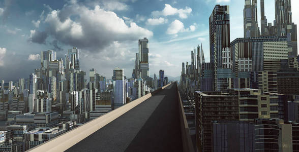 公路立交桥与未来的科幻城市和商业办公楼。3d 插图渲染