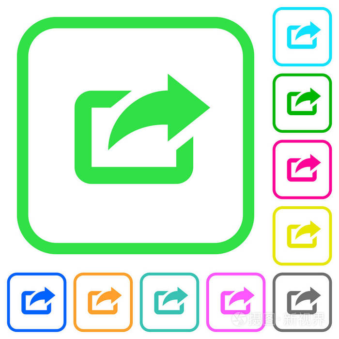 在白色背景下, 用右上箭头在曲线边框上生动的彩色平面图标导出插画-