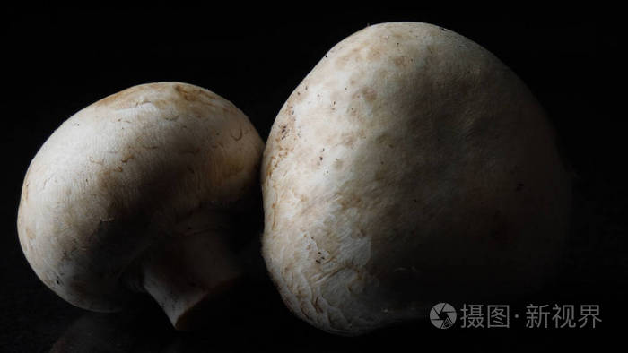 在黑色的背景上关闭美味的白色蘑菇.框架.适当营养的概念