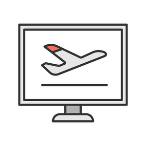 机票在线预订颜色图标。航班时刻表计算机显示与平面。孤立向量插图