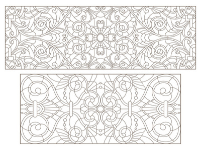 设置彩色玻璃与抽象漩涡和鲜花，水平方向的轮廓插图