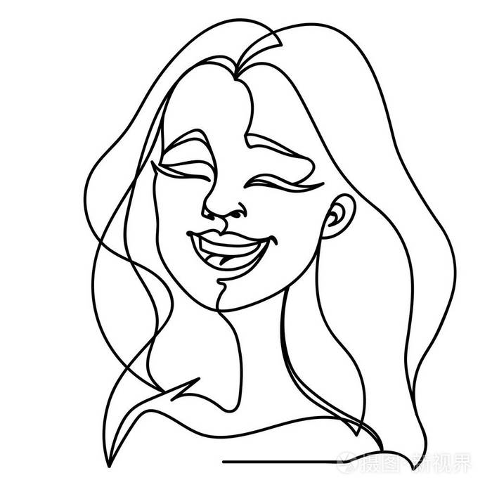 快乐的女性面部表情.手绘线性女人剪影.矢量插图