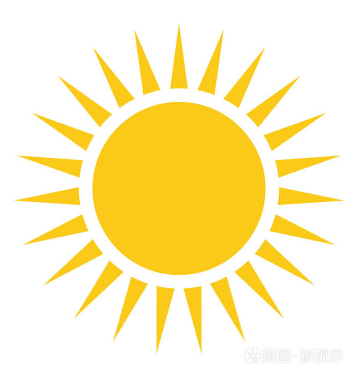 明亮的黄色太阳的卡通形状, 尖尖的光线, 阳光