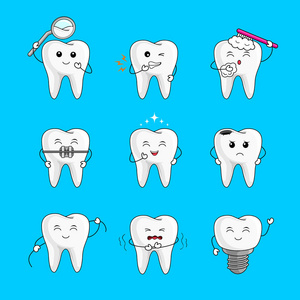 可爱的卡通字符集。表情符号与不同的面部表情。牙科护理的概念。在蓝色背景上隔离的插图