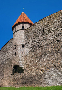 中世纪堡垒与塔在老镇。塔林, 爱沙尼亚。塔楼有一个红色的瓷砖屋顶