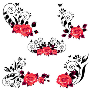 美丽的玫瑰花与漩涡孤立在白色背景, 矢量, 插图