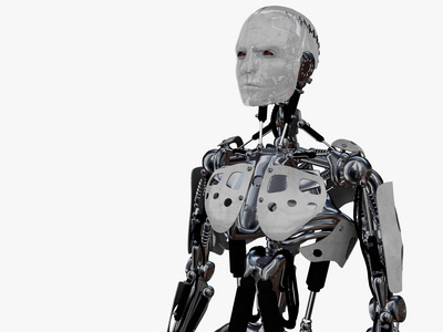 男性注视着未来的机器人照片