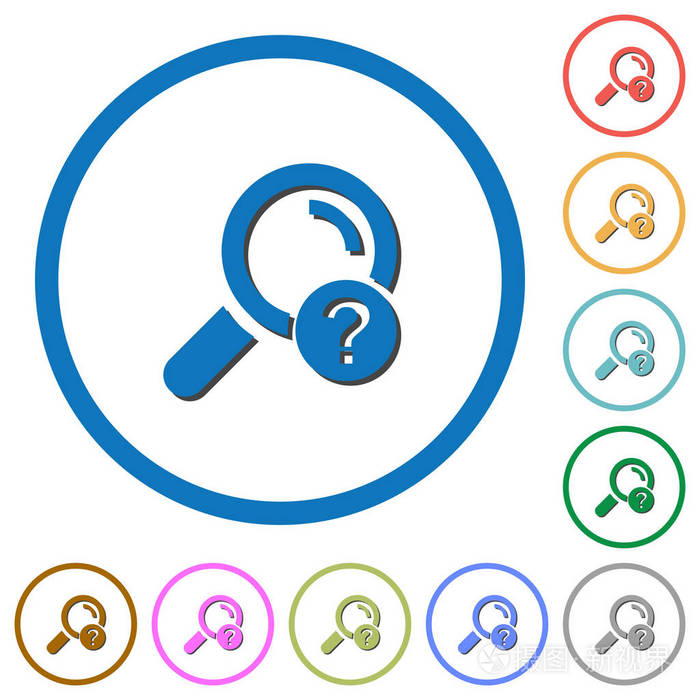 未知的搜索平面彩色矢量图标, 阴影在白色背景的圆形轮廓上