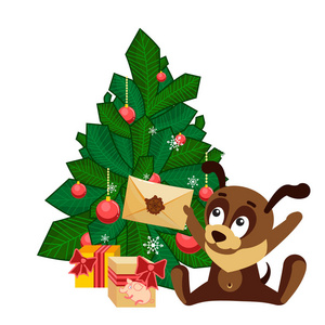 圣诞贺卡与一只狗坐在树前装饰球和持有一个信封从圣诞老人