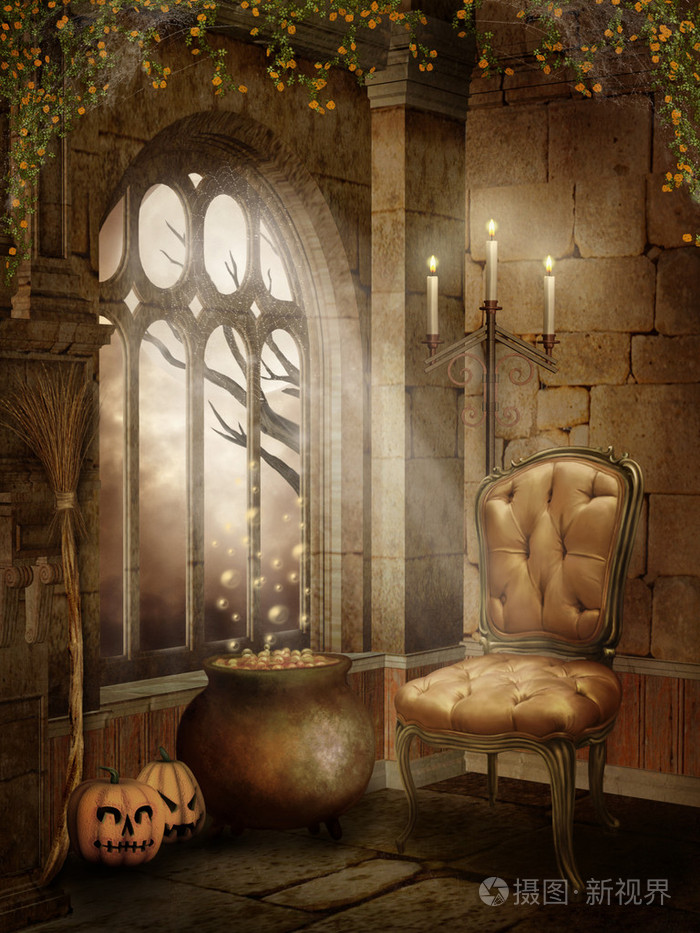 万圣节装饰品的城堡房间