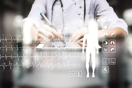 医疗记录图上的虚拟屏幕概念。健康监测应用