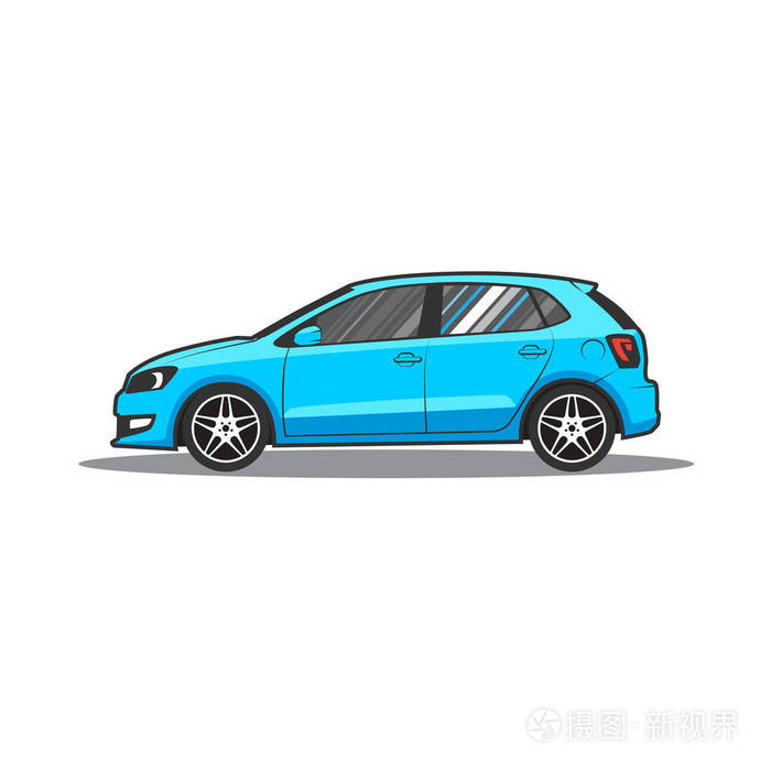 蓝色卡通汽车侧面观看矢量插图