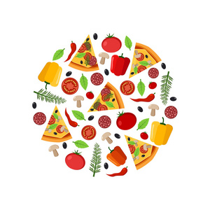 顶部视图比萨成分的圈子组成和切片比萨