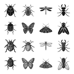 破坏, 寄生虫, 自然, 蝴蝶。昆虫集合图标在黑色, 单色风格矢量符号股票插画网站