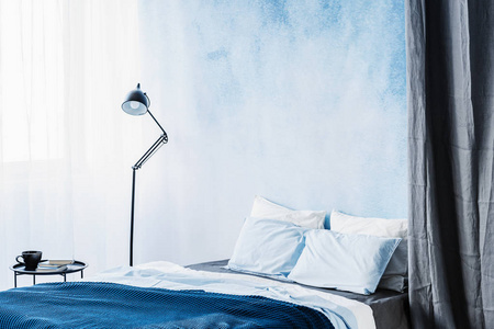 贝尔奥伯尔墙内简易卧室内灯与灰帘之间的蓝床