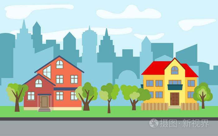 在阳光明媚的日子里, 有两层三层卡通房子和绿树的矢量城市.
