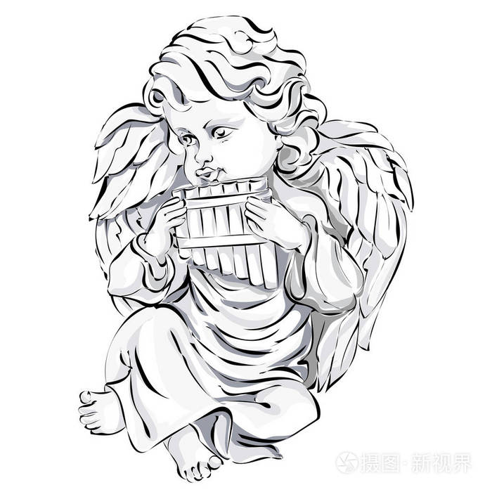 天使婚礼装饰, 情人节丘比特, 黑白矢量插画艺术