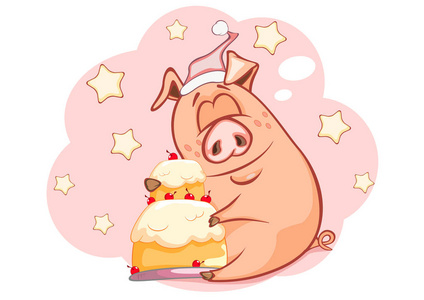 粉红色背景的蛋糕和睡后的明星卡通猪