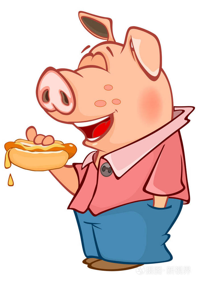动画片猪在休闲衣裳与热的狗在手