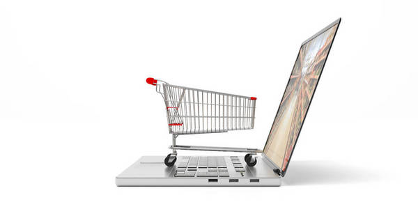 网上购物。在电脑笔记本电脑上的购物车, 在白色背景下隔离。3d 插图