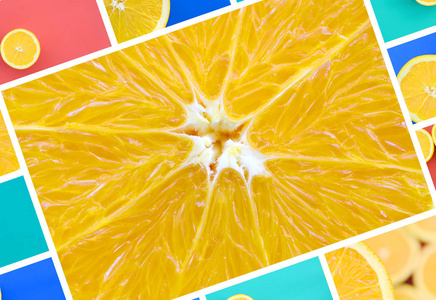 多汁的橘子画的拼贴画。一组图像机智