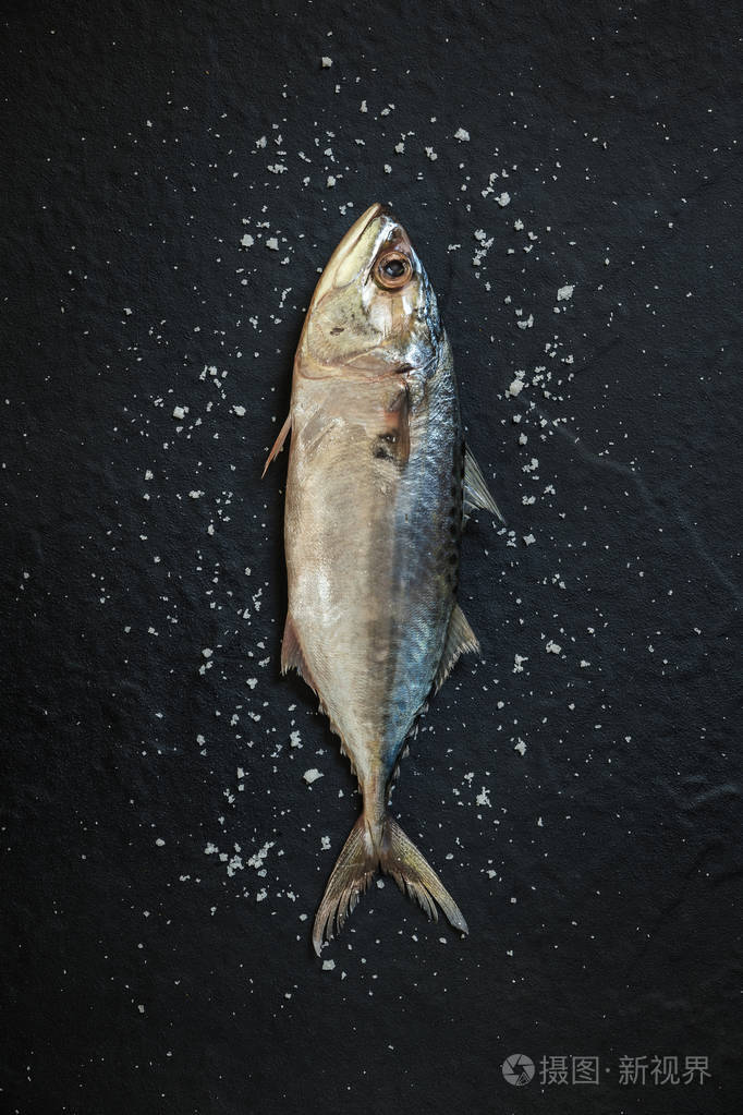 鲜, 生鲭鱼与海盐和胡椒黑色背景照片-正版商用图片054plf-摄图新视界