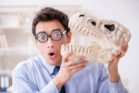 有趣的疯狂教授研究恐龙骨架图片