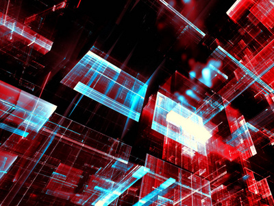 玻璃块技术背景。抽象计算机生成的3d 插图。分形艺术具有光效应的未来结构。科幻小说还是虚拟现实概念