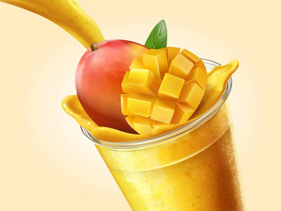 芒果汁或冰沙倒入透明外卖杯3d 插图