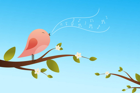 树上小鸟春天的鸟儿在树上唱着音乐的音符.粉红鸟卡通人物.