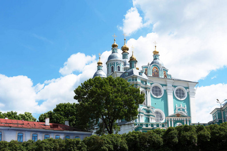假设的大教堂教会在棱斯克, 俄国。Uspenskiy 大教堂。特写