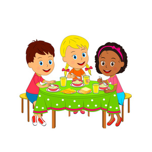 吃早餐插画孩子们, 男孩和女孩坐在餐桌旁吃饭, 插画, 矢量照片