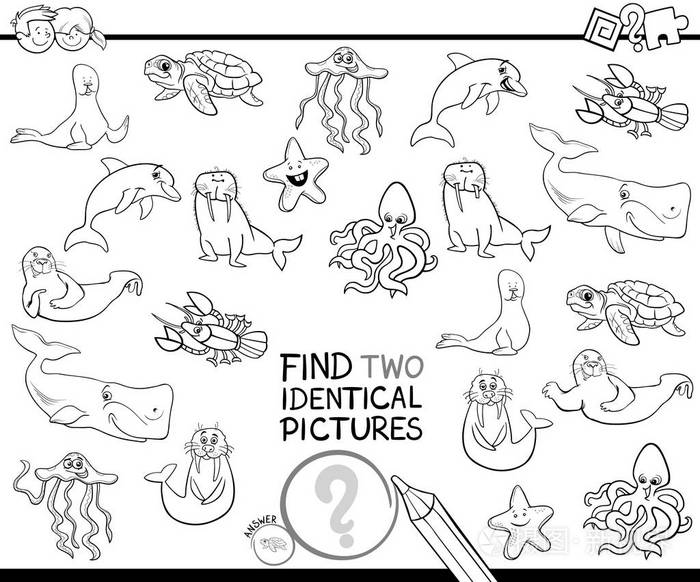 黑白卡通插图寻找两个相同的图片儿童与海洋生物动物字符着色书教育游戏插画 正版商用图片054xk7 摄图新视界