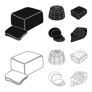 芝士, 芝士, 切达干酪, 清乳。不同类型的奶酪集合图标在黑色, 轮廓样式矢量符号股票插画网站