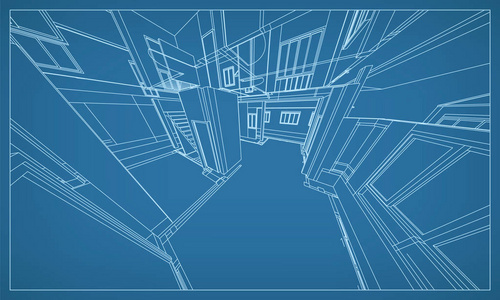 抽象的3d 渲染的建筑线框结构。模板设计中的矢量构造图形思想