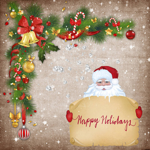 美丽的圣诞贺卡在老式的风格与圣诞老人的形象和祝贺节日