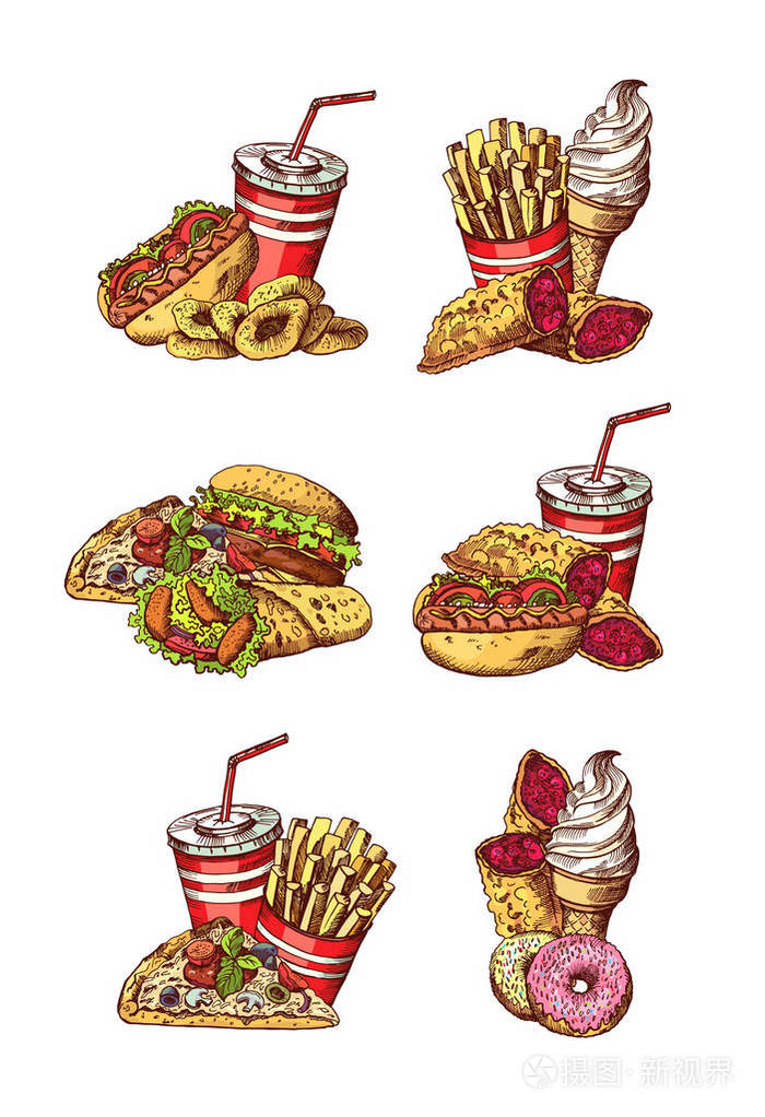 手绘彩色快餐元素矢量集插画-正版商用图片0554u8-摄图新视界