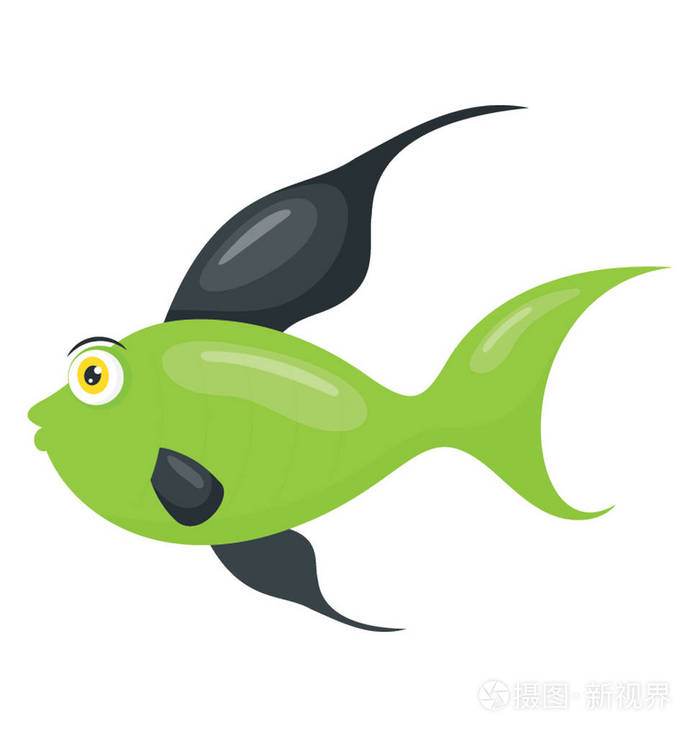 明亮的彩色绿色和黑色的鱼与下降的尾巴象征背景鱼插画-正版商用图片