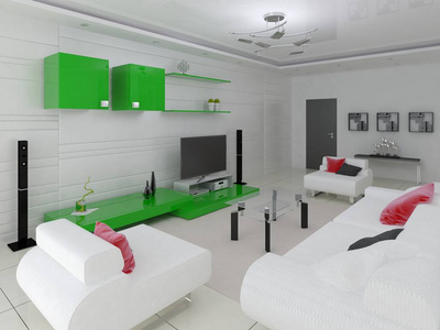 时尚明亮的客厅与室内的高科技和现代家具的风格