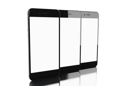 3d 插图。一套黑色智能手机与空白屏幕。孤立的白色背景