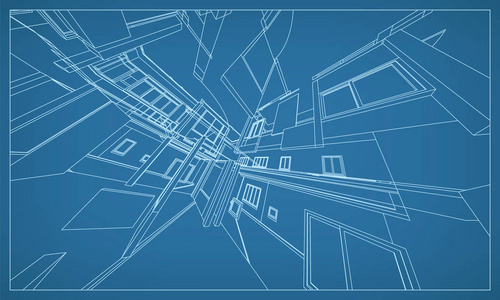 抽象的3d 渲染的建筑线框结构。模板设计中的矢量构造图形思想