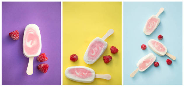 3 photographes 以不同的颜色作为背景和不同数量的果汁和酸奶冰棒开始由一个